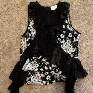 Cinq à Sept Black and White Floral Ruffle Blouse